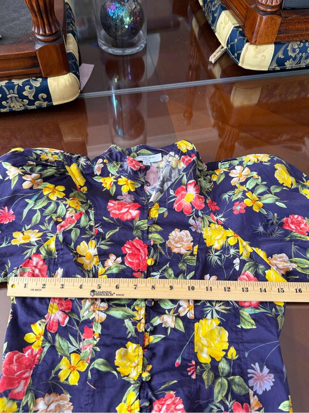 Marissa Webb Navy Floral Button-Front Blouse with Mandarin Collar - Picture 6 of 9